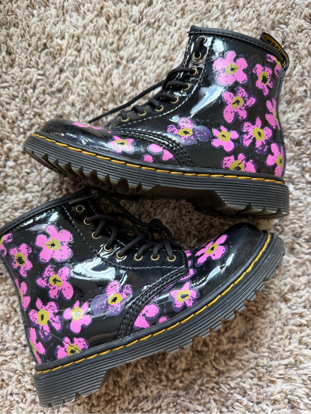 Dr. Martens Black Patent Boots with Pink & Yellow Floral Print toddler size 10